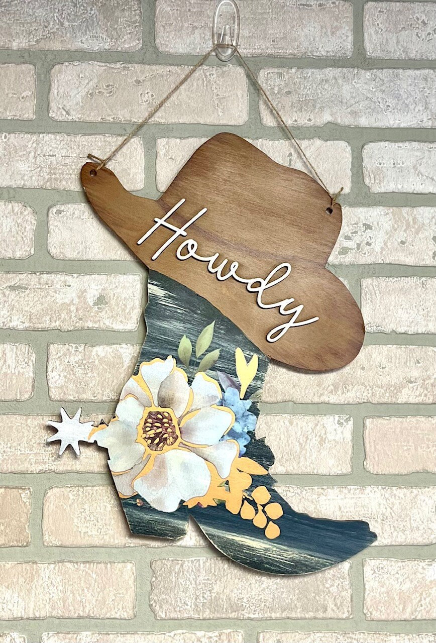 Unfinished Cowboy Boot and Hat Wood Sign Door Hanger