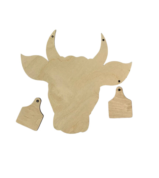 Bull Head Door Hanger with two Ear Tags Cow Unfinished Wood Blank