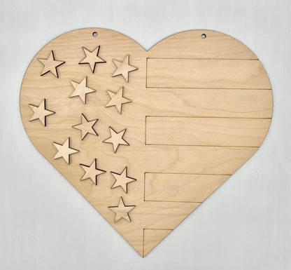 Unfinished Wood Blank American Flag Heart Craft Kit